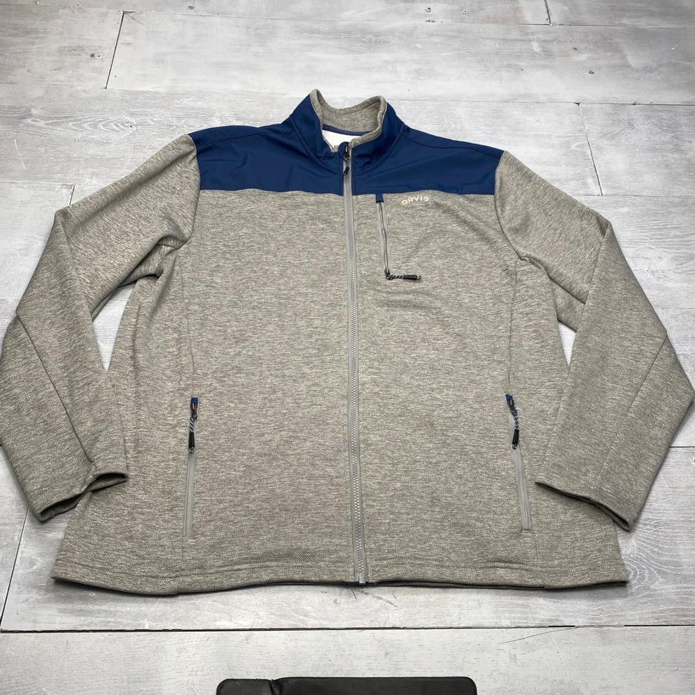 Orvis Full Zip Jacket Mens XL Gray Navy Blue Fleece Lined Mock Outdoor Hiking